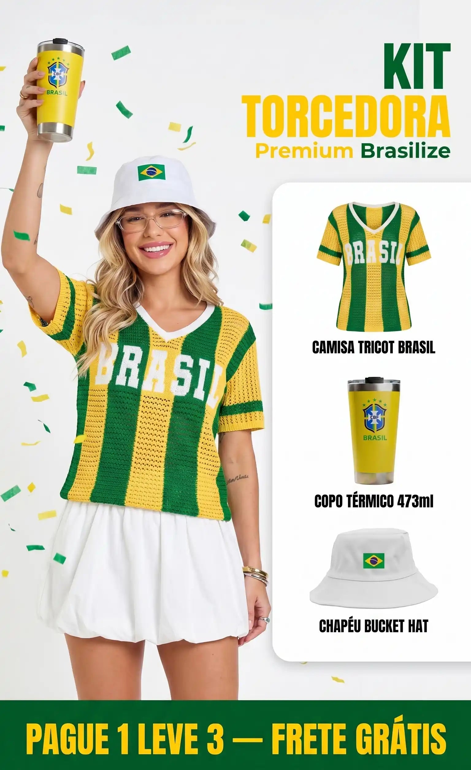 Kit Torcedora Premium Brasilize: Camisa + Copo + Chapéu