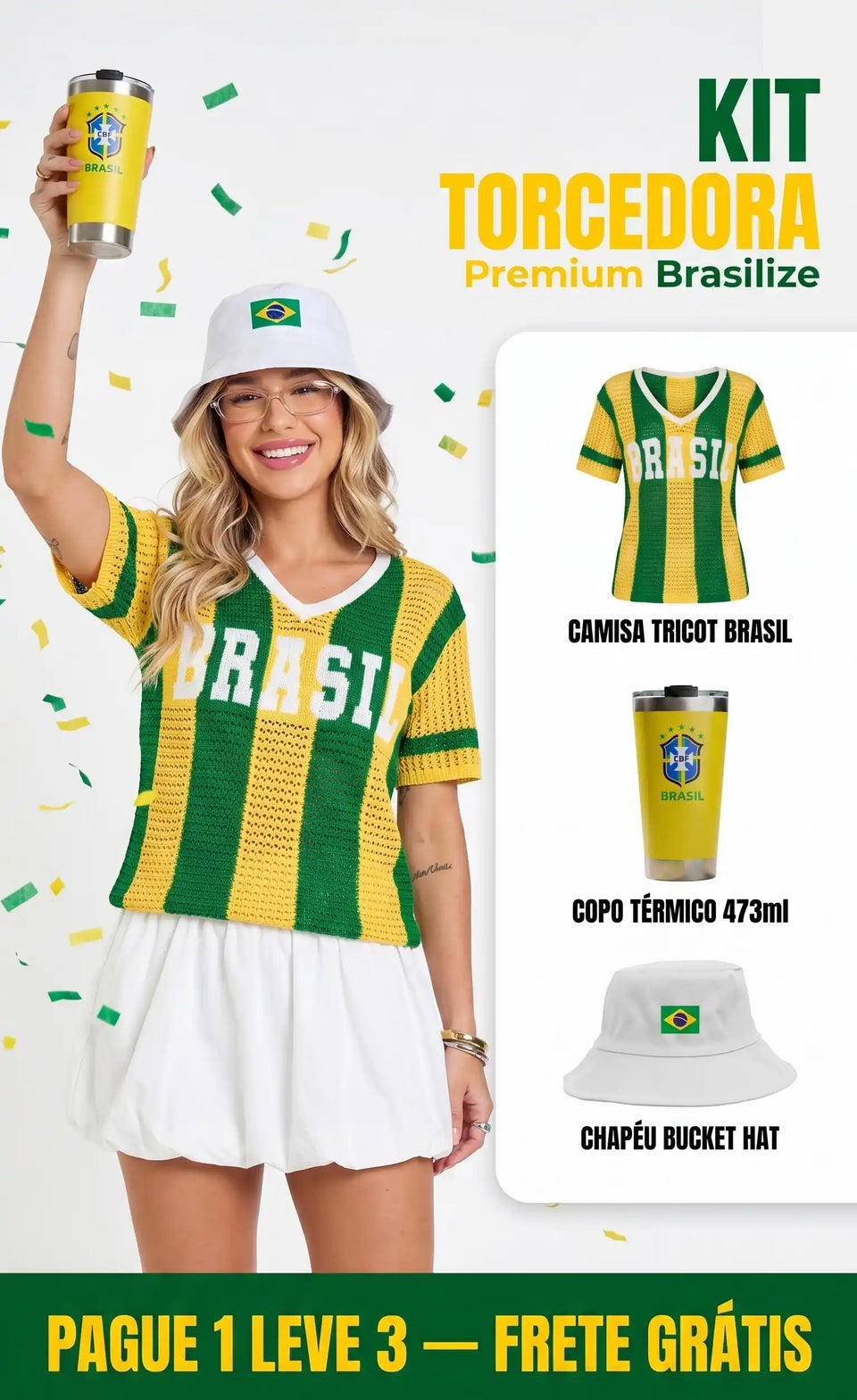Kit Torcedora Premium Brasilize: Camisa + Copo + Chapéu
